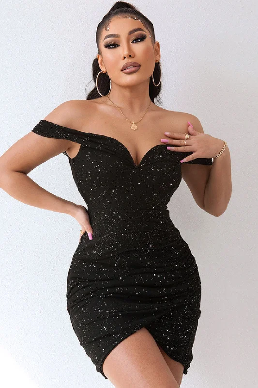 Sparkly Deep V Off The Shoulder Ruched Bodycon Party Mini Dress - Black Stylish Summer Mini Dress Sparkly Deep V Off The Shoulder Ruched Bodycon Party Mini Dress - Black Stylish Summer Mini Dress