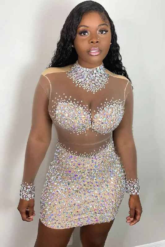 Sparkly High Neck Sleeved Rhinestone Panel Sheer Mesh Mini Dress - Apricot Stylish Short-Sleeve Mini Dress Sparkly High Neck Sleeved Rhinestone Panel Sheer Mesh Mini Dress - Apricot Stylish Short-Sleeve Mini Dress
