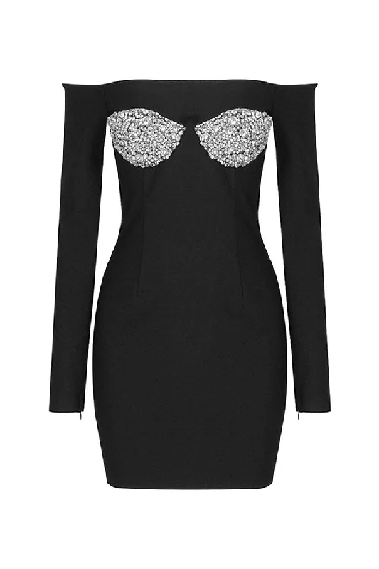 Sparkly Rhinestone Bra Off Shoulder Long Sleeve Bodycon Bandage Party Mini Dress Stylish Sweetheart Neck Mini Dress Sparkly Rhinestone Bra Off Shoulder Long Sleeve Bodycon Bandage Party Mini Dress Stylish Sweetheart Neck Mini Dress