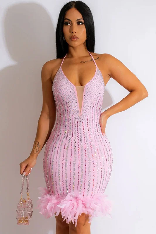 Sparkly Rhinestone Halter Neck Bodycon Feather Trim Party Mini Dress - Pink Classic Casual Mini Dress Sparkly Rhinestone Halter Neck Bodycon Feather Trim Party Mini Dress - Pink Classic Casual Mini Dress