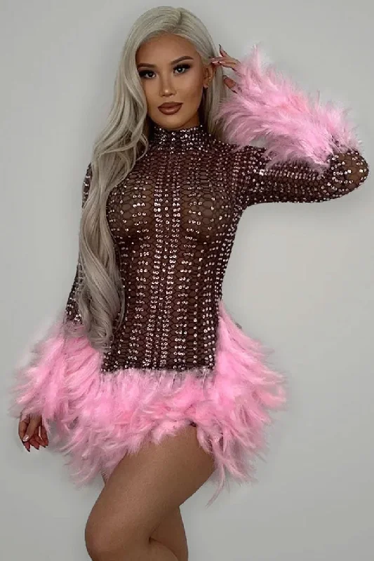 Sparkly Rhinestone High Neck Sheer Mesh Feather Trim Party Mini Dress - Pink Trendy Button-Detail Mini Dress Sparkly Rhinestone High Neck Sheer Mesh Feather Trim Party Mini Dress - Pink Trendy Button-Detail Mini Dress