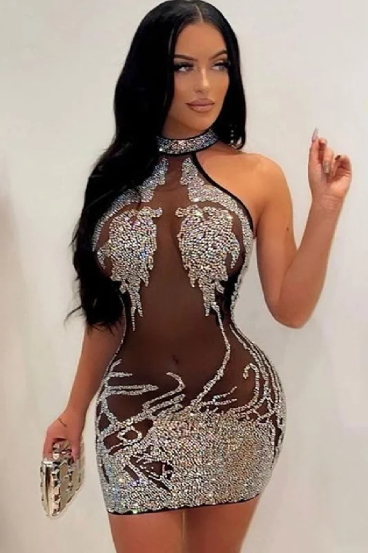 Sparkly Rhinestone High Neck Sleeveless Sheer Mesh Club Mini Dress - Black Cozy Wraparound Mini Dress Sparkly Rhinestone High Neck Sleeveless Sheer Mesh Club Mini Dress - Black Cozy Wraparound Mini Dress