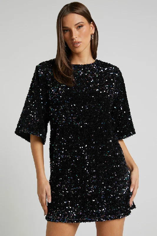 Sparkly Sequin Crew Neck Short Sleeve Oversized Velvet Party Mini Dress - Black Stylish Button-Down Mini Dress Sparkly Sequin Crew Neck Short Sleeve Oversized Velvet Party Mini Dress - Black Stylish Button-Down Mini Dress