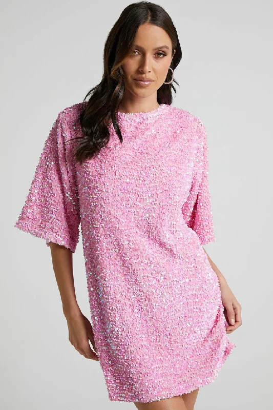 Sparkly Sequin Crew Neck Short Sleeve Oversized Velvet Party Mini Dress - Pink Cozy Jersey Mini Dress Sparkly Sequin Crew Neck Short Sleeve Oversized Velvet Party Mini Dress - Pink Cozy Jersey Mini Dress