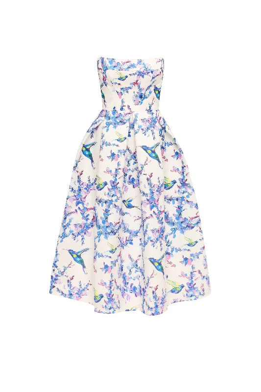 Strapless midi dress with bird and flower print, Garden of Eden Stylish Long Sleeve Floral Midi Dress Strapless midi dress with bird and flower print, Garden of Eden Stylish Long Sleeve Floral Midi Dress