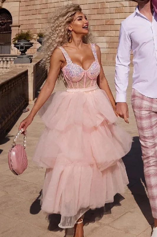 Stunning Off Shoulder Bustier Sheer Corset Layered Tulle Cocktail Midi Dress - Pink Elegant V-Neck Midi Dress Stunning Off Shoulder Bustier Sheer Corset Layered Tulle Cocktail Midi Dress - Pink Elegant V-Neck Midi Dress
