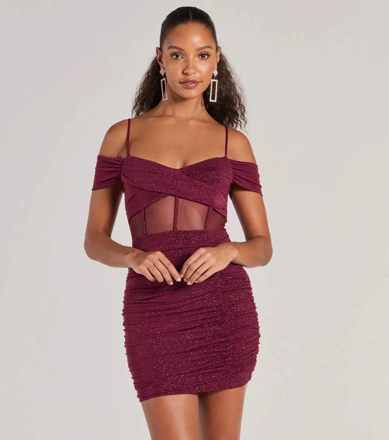 Sultry Glitz Glitter Cold-Shoulder Mini Dress Elegant Satin Lace Mini Dress