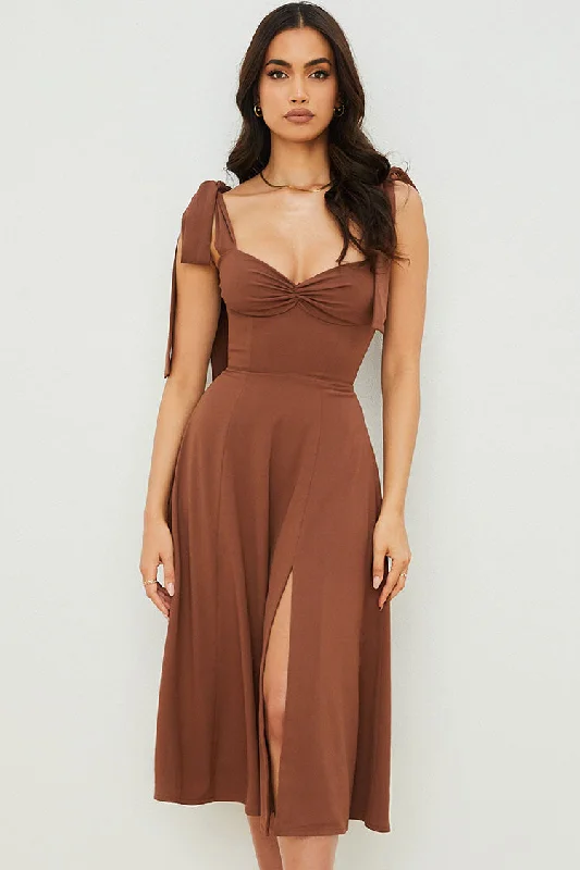 Tie Strap Fit & Flare High Slit Slip Midi Dress - Chocolate Fashionable High-Neck Midi Dress