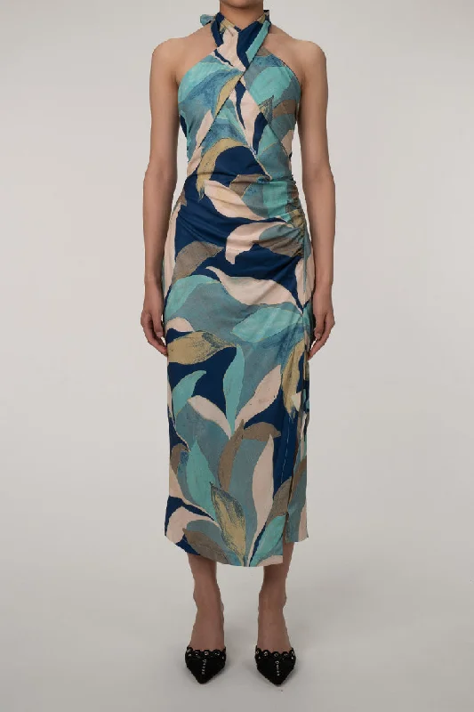 Tropical Print Crossover Halter Gathered Trim Split Beach Vacation Midi Dress Elegant Lace Trim Midi Dress Tropical Print Crossover Halter Gathered Trim Split Beach Vacation Midi Dress Elegant Lace Trim Midi Dress