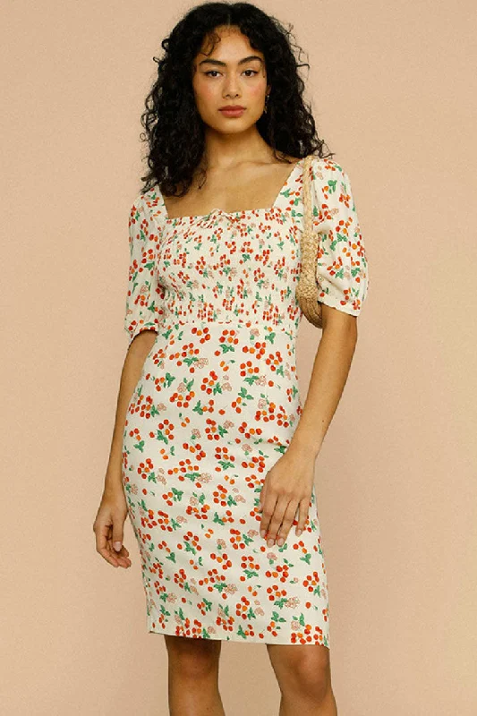 Vintage Cherry Print Puff Sleeve French Printed Midi Dress - Cream Fashionable Casual Midi Dress Vintage Cherry Print Puff Sleeve French Printed Midi Dress - Cream Fashionable Casual Midi Dress