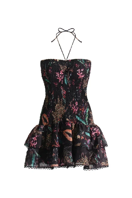 Vintage Halter Tie Scalloped Strapless Smocked Ruffle Floral Print Mini Dress Trendy Mini Dress with Belt Vintage Halter Tie Scalloped Strapless Smocked Ruffle Floral Print Mini Dress Trendy Mini Dress with Belt