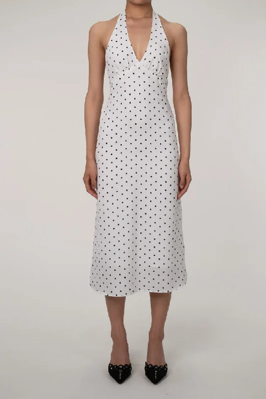 Vintage Polka Dot Plunge Halter Tie Open Back Beach Vacation Midi Dress Fashionable A-Line Midi Dress Vintage Polka Dot Plunge Halter Tie Open Back Beach Vacation Midi Dress Fashionable A-Line Midi Dress