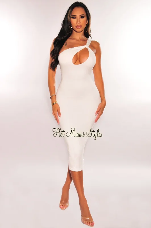 White One Shoulder Strap Keyhole Cut Out Midi Dress Elegant Velvet Midi Dress