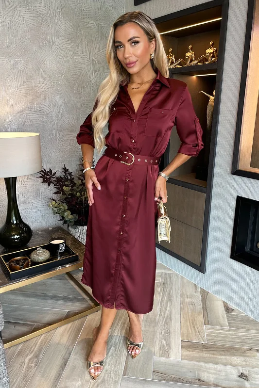 Wine Satin Belted 3/4 Sleeve Gold Buttons Shirt Midi Dress Trendy Off-Shoulder Ruffle Midi Dress Wine Satin Belted 3/4 Sleeve Gold Buttons Shirt Midi Dress Trendy Off-Shoulder Ruffle Midi Dress