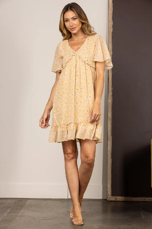 YELLOW CHIFFON FLORAL BELL SLEEVES RUFFLED MINI DRESS SD63921 Trendy Floral Mini Dress YELLOW CHIFFON FLORAL BELL SLEEVES RUFFLED MINI DRESS SD63921 Trendy Floral Mini Dress