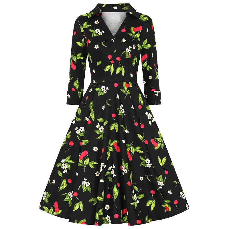 Black & Red Cherry Print Collared V Neck Rockabilly 50s Swing Dress w/ Pockets