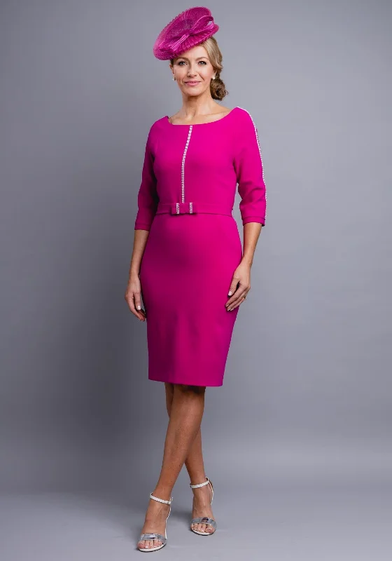 Claudia C Malaga Diamante Trim Dress, Fuschia Pink