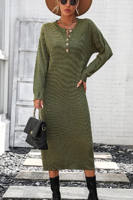 WOMEN RIBBED SLEEVE BUTTON NECK LONG KNIT DRESS
