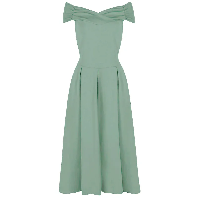 Sage Green Cap Sleeve Crossover Bardot Neckline 50s Swing Dress