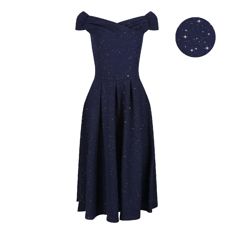 Navy Blue Sparkly Ruched Cap Sleeve Bardot Style 50s Swing Dress