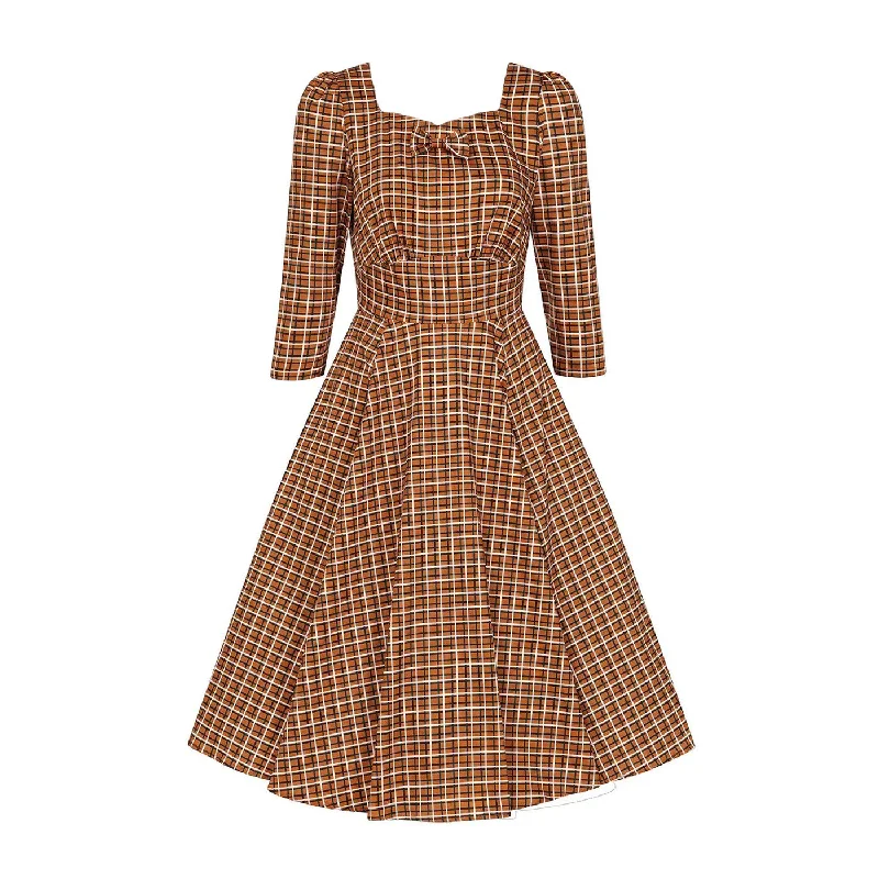 Vintage Autumnal Brown Check 3/4 Sleeve Collar Burns Swing Dress
