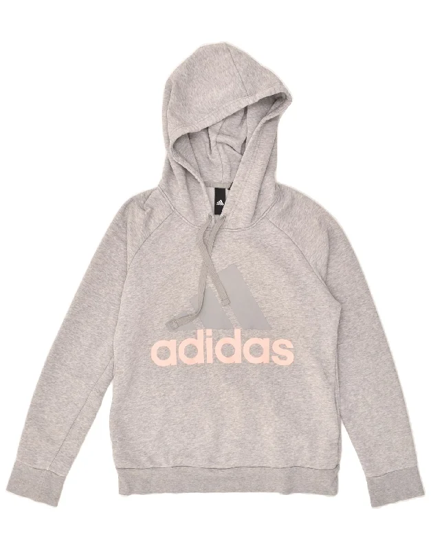 ADIDAS Womens Graphic Hoodie Jumper UK 10 Small Grey Cotton Hoodie with Zipper Placket Modern Functional ADIDAS Womens Graphic Hoodie Jumper UK 10 Small Grey Cotton Hoodie with Zipper Placket Modern Functional
