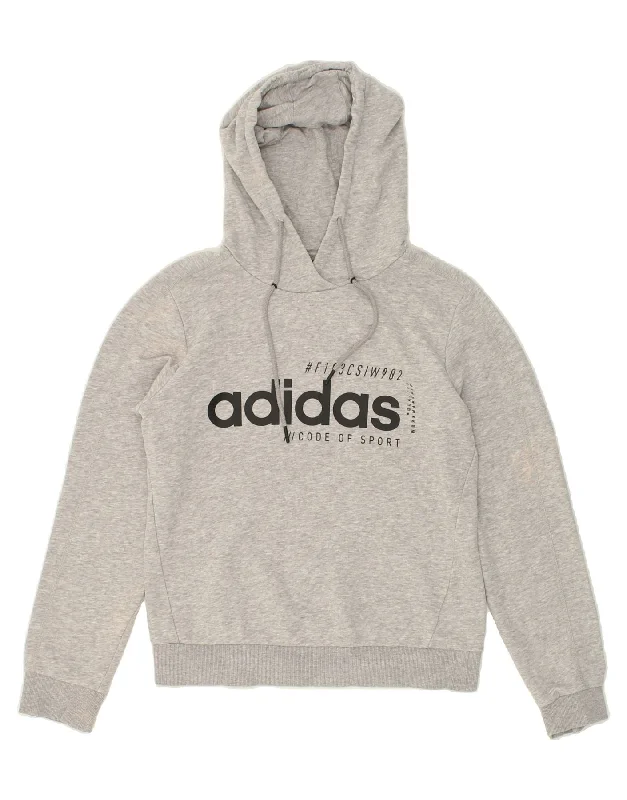 ADIDAS Womens Graphic Hoodie Jumper UK 12/14 Medium Grey Cotton Hoodie with Hem Drawcord Adjustable Customizable ADIDAS Womens Graphic Hoodie Jumper UK 12/14 Medium Grey Cotton Hoodie with Hem Drawcord Adjustable Customizable