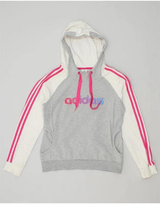 ADIDAS Womens Graphic Hoodie Jumper UK 14 Large Grey Colourblock Cotton Hoodie with Frayed Bohemian Relaxed ADIDAS Womens Graphic Hoodie Jumper UK 14 Large Grey Colourblock Cotton Hoodie with Frayed Bohemian Relaxed