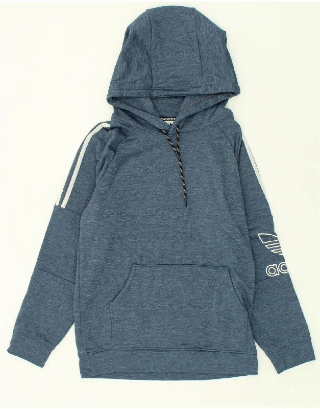 ADIDAS Womens Graphic Hoodie Jumper UK 14 Medium Blue Flecked Cotton Hoodie with Hem Applique Textured Unique ADIDAS Womens Graphic Hoodie Jumper UK 14 Medium Blue Flecked Cotton Hoodie with Hem Applique Textured Unique