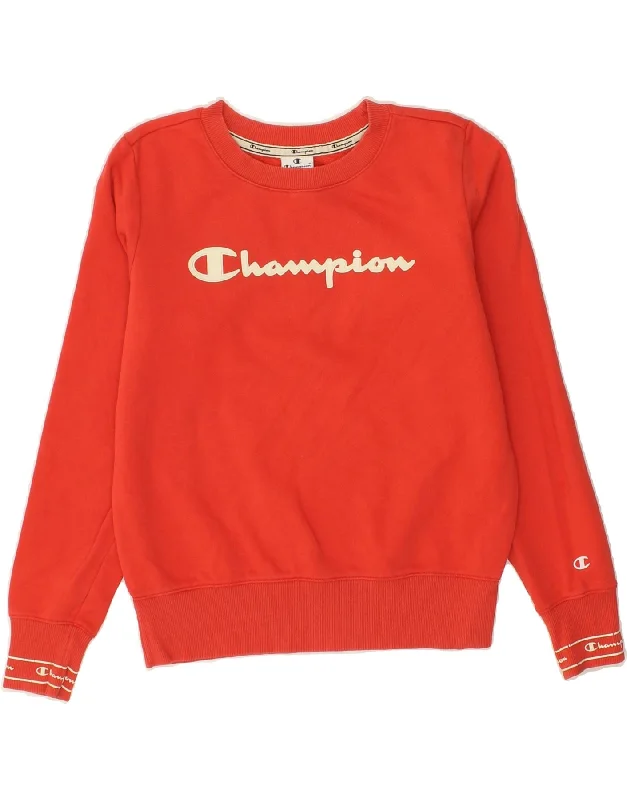 CHAMPION Womens Graphic Sweatshirt Jumper UK 10 Small Red Cotton Hoodie with High-Low Hem Asymmetrical Trendy CHAMPION Womens Graphic Sweatshirt Jumper UK 10 Small Red Cotton Hoodie with High-Low Hem Asymmetrical Trendy