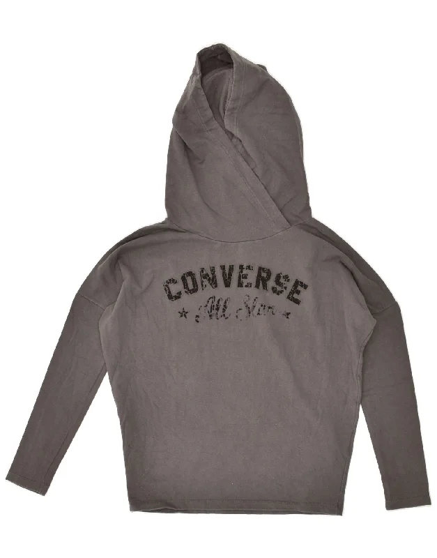 CONVERSE Womens Oversized Graphic Hoodie Jumper UK 6 XS Grey Cotton Hoodie with Side Slits Relaxed Casual CONVERSE Womens Oversized Graphic Hoodie Jumper UK 6 XS Grey Cotton Hoodie with Side Slits Relaxed Casual
