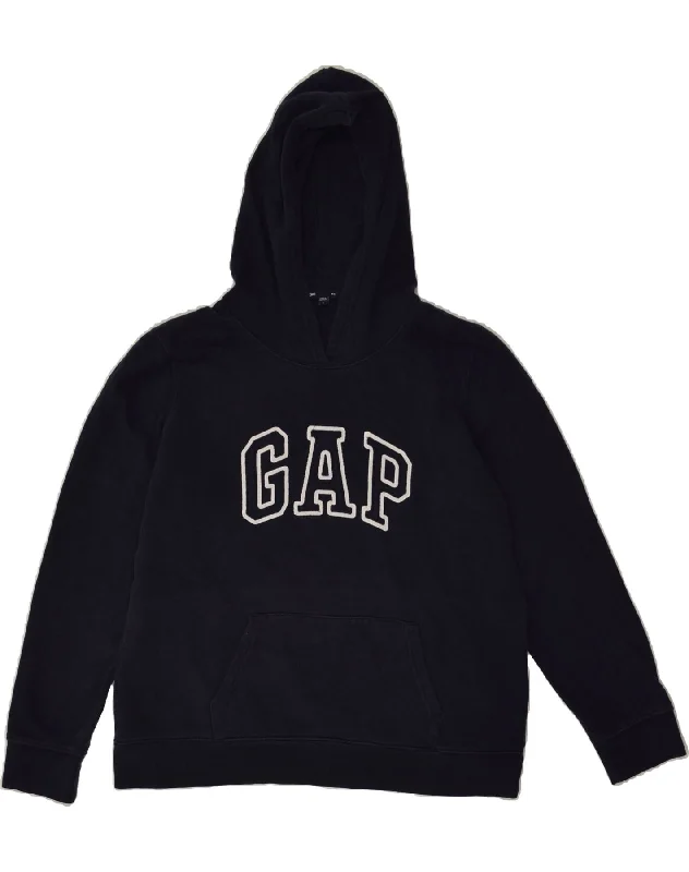 GAP Womens Graphic Hoodie Jumper UK 16 Large Navy Blue Cotton Hoodie with Hem Frayed Vintage Worn GAP Womens Graphic Hoodie Jumper UK 16 Large Navy Blue Cotton Hoodie with Hem Frayed Vintage Worn