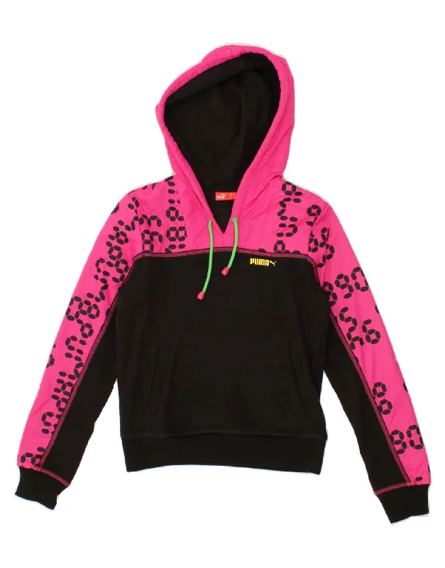 PUMA Womens Graphic Hoodie Jumper UK 10 Small Black Colourblock Cotton Hoodie with Emblem Brand Identity PUMA Womens Graphic Hoodie Jumper UK 10 Small Black Colourblock Cotton Hoodie with Emblem Brand Identity