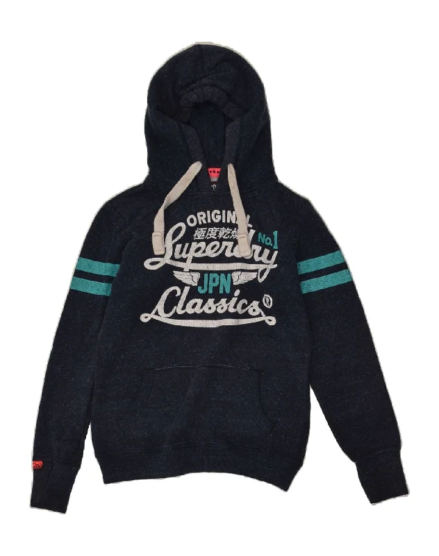 SUPERDRY Womens Classic Graphic Hoodie Jumper UK 10 Small Navy Blue Hoodie with Logo Branding Identity SUPERDRY Womens Classic Graphic Hoodie Jumper UK 10 Small Navy Blue Hoodie with Logo Branding Identity