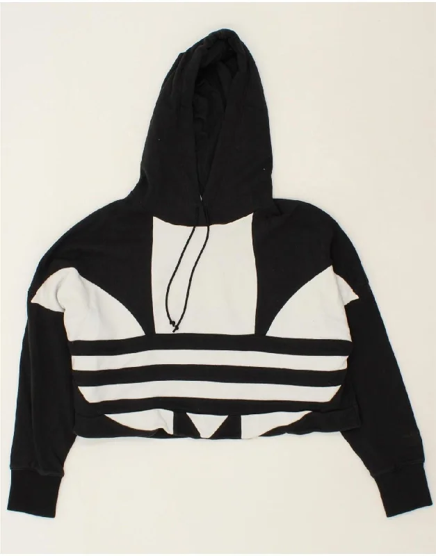 ADIDAS Womens Crop Graphic Hoodie Jumper UK 10 Small Black Cotton Hoodie with Hem Raw Edge Edgy Unfinished ADIDAS Womens Crop Graphic Hoodie Jumper UK 10 Small Black Cotton Hoodie with Hem Raw Edge Edgy Unfinished