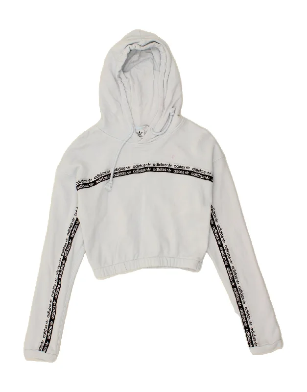 ADIDAS Womens Crop Graphic Hoodie Jumper UK 6 XS Blue Hoodie with Front Slit Layering Stylish ADIDAS Womens Crop Graphic Hoodie Jumper UK 6 XS Blue Hoodie with Front Slit Layering Stylish