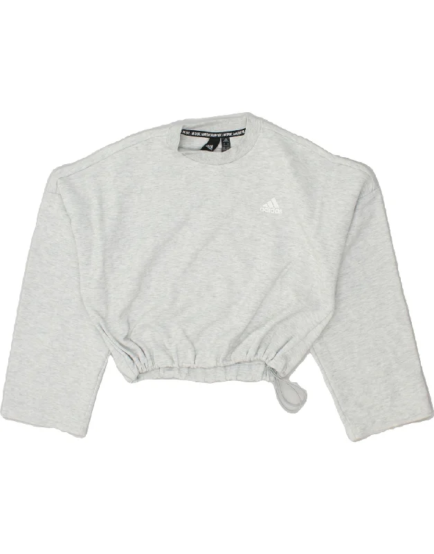ADIDAS Womens Crop Sweatshirt Jumper UK 4/6 XS Grey Cotton Hoodie with Hem Drawcord Adjustable Customizable ADIDAS Womens Crop Sweatshirt Jumper UK 4/6 XS Grey Cotton Hoodie with Hem Drawcord Adjustable Customizable