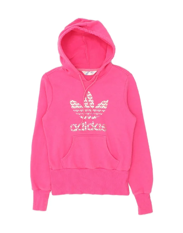 ADIDAS Womens Graphic Hoodie Jumper IT 38 XS Pink Cotton Hoodie with Monochrome Minimalist Simple ADIDAS Womens Graphic Hoodie Jumper IT 38 XS Pink Cotton Hoodie with Monochrome Minimalist Simple