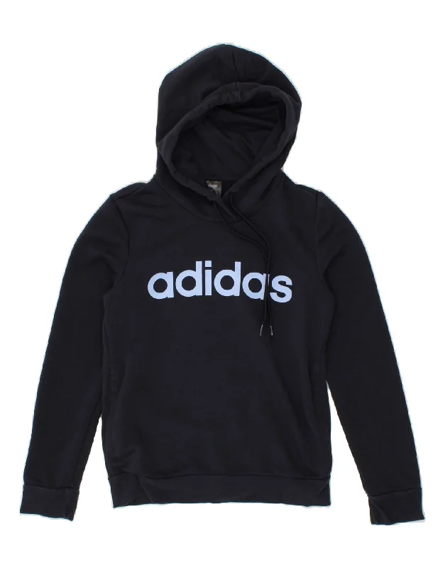 ADIDAS Womens Graphic Hoodie Jumper UK 4/6 XS Navy Blue Cotton Hoodie with Exposed Zipper Edgy Industrial ADIDAS Womens Graphic Hoodie Jumper UK 4/6 XS Navy Blue Cotton Hoodie with Exposed Zipper Edgy Industrial
