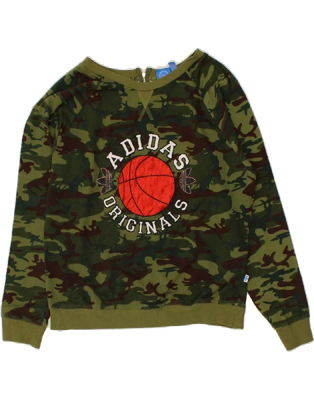 ADIDAS Womens Graphic Sweatshirt Jumper UK 14 Lasrge Green Camouflage Hoodie with Hem Detail Decorative Unique ADIDAS Womens Graphic Sweatshirt Jumper UK 14 Lasrge Green Camouflage Hoodie with Hem Detail Decorative Unique