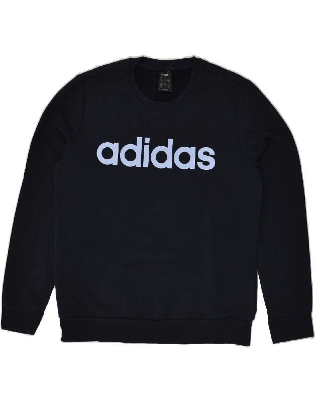 ADIDAS Womens Graphic Sweatshirt Jumper UK 16/18 Large Navy Blue Cotton Hoodie with Raw Hem Edgy Unfinished ADIDAS Womens Graphic Sweatshirt Jumper UK 16/18 Large Navy Blue Cotton Hoodie with Raw Hem Edgy Unfinished