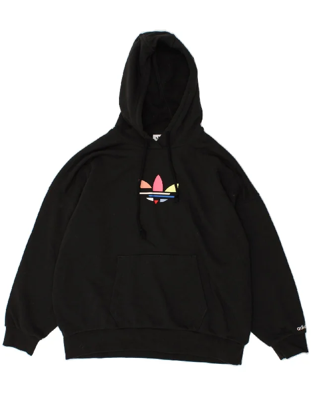 ADIDAS Womens Oversized Graphic Hoodie Jumper UK 6 XS Black Hoodie with Hem Applique Textured Unique ADIDAS Womens Oversized Graphic Hoodie Jumper UK 6 XS Black Hoodie with Hem Applique Textured Unique