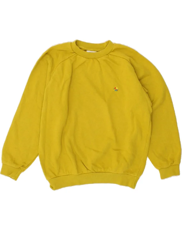 BENETTON Womens Oversized Sweatshirt Jumper UK 10 Small Yellow Cotton Hoodie with Hem Frayed Vintage Worn BENETTON Womens Oversized Sweatshirt Jumper UK 10 Small Yellow Cotton Hoodie with Hem Frayed Vintage Worn
