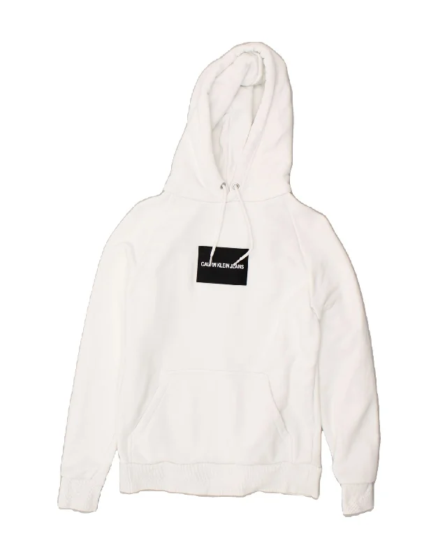 CALVIN KLEIN JEANS Womens Graphic Hoodie Jumper UK 10 Small White Hoodie with Distressed Vintage Worn CALVIN KLEIN JEANS Womens Graphic Hoodie Jumper UK 10 Small White Hoodie with Distressed Vintage Worn