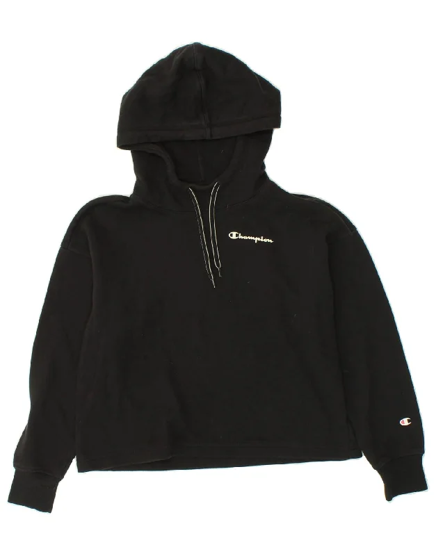 CHAMPION Womens Crop Graphic Hoodie Jumper UK 10 Small Black Cotton Hoodie with Strings Custom Fit Adjustable CHAMPION Womens Crop Graphic Hoodie Jumper UK 10 Small Black Cotton Hoodie with Strings Custom Fit Adjustable
