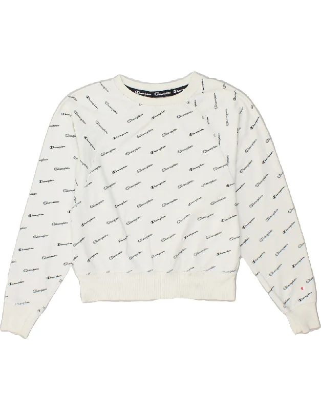 CHAMPION Womens Graphic Crop Sweatshirt Jumper UK 10 Small White Cotton Hoodie with Hem Detail Decorative Unique CHAMPION Womens Graphic Crop Sweatshirt Jumper UK 10 Small White Cotton Hoodie with Hem Detail Decorative Unique