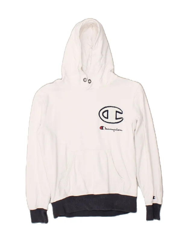 CHAMPION Womens Graphic Hoodie Jumper UK 10 Small White Cotton Hoodie with Hidden Zipper Minimalist Clean CHAMPION Womens Graphic Hoodie Jumper UK 10 Small White Cotton Hoodie with Hidden Zipper Minimalist Clean