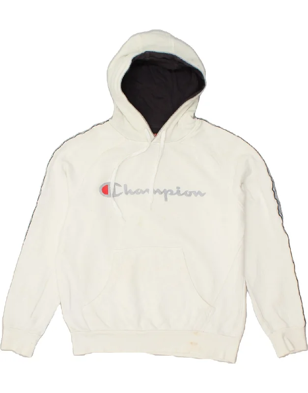 CHAMPION Womens Graphic Hoodie Jumper UK 14 Medium White Cotton Hoodie with Hem Frayed Vintage Worn CHAMPION Womens Graphic Hoodie Jumper UK 14 Medium White Cotton Hoodie with Hem Frayed Vintage Worn
