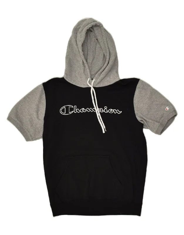 CHAMPION Womens Graphic Short Sleeve Hoodie Jumper UK 14 Medium Black Hoodie with Hem Patch Decorative Personalized CHAMPION Womens Graphic Short Sleeve Hoodie Jumper UK 14 Medium Black Hoodie with Hem Patch Decorative Personalized