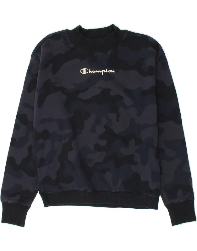 CHAMPION Womens Graphic Sweatshirt Jumper UK 10 Small Navy Blue Camouflage Hoodie with Typography Text Message CHAMPION Womens Graphic Sweatshirt Jumper UK 10 Small Navy Blue Camouflage Hoodie with Typography Text Message